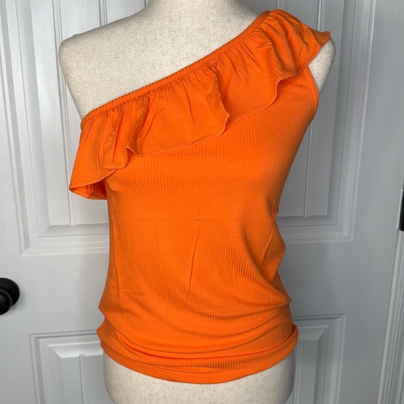 Loft Ruffle Ribbed One Shoulder Tank Top Sz M Orange - Picture 2 of 10